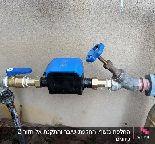 ברזים וצנרת כחולה על קיר חיצוני